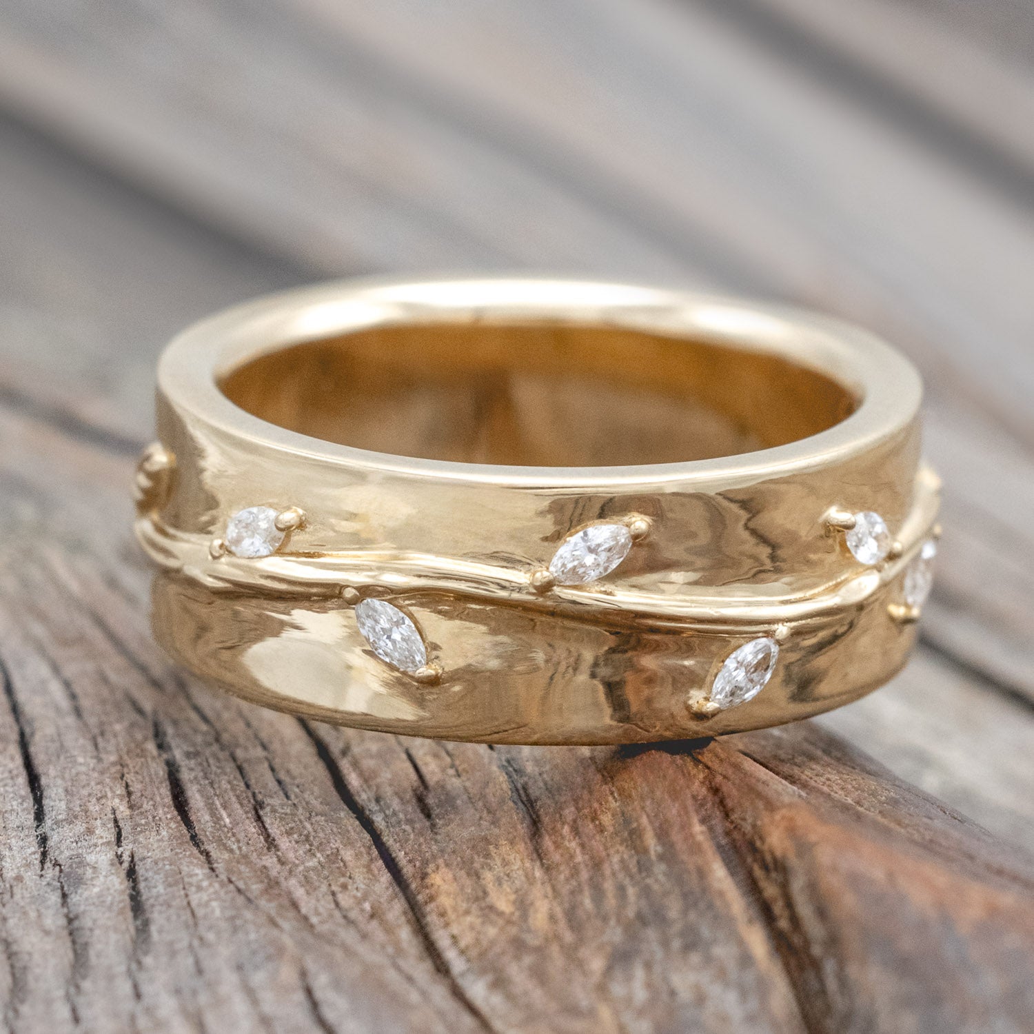 "Alwin" - men's wedding ring with embossed vines wrapping around the band & diamond accents in 14K gold