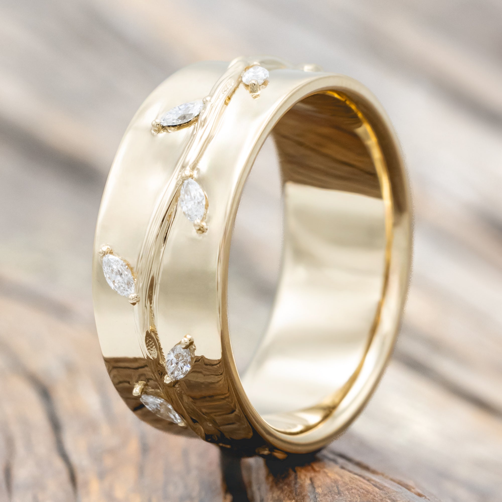 "ALWIN" - CUSTOM VINE EMBOSSED MEN'S WEDDING RING WITH LEAF-INSPIRED DIAMOND ACCENTS-Staghead Designs
