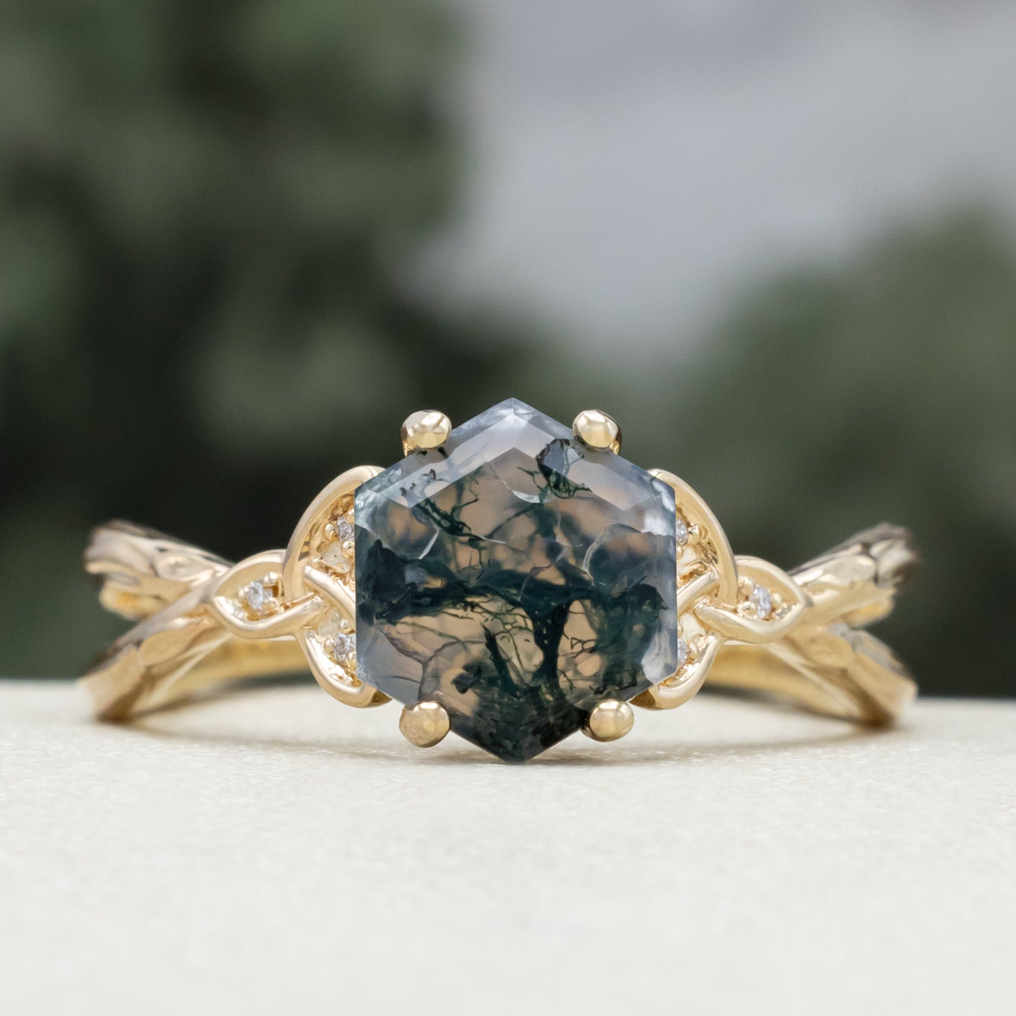 "Amaris" - Celtic Knot Accented Hexagon Cut Moss Agate Engagement Ring With Diamond Accents-Staghead Designs