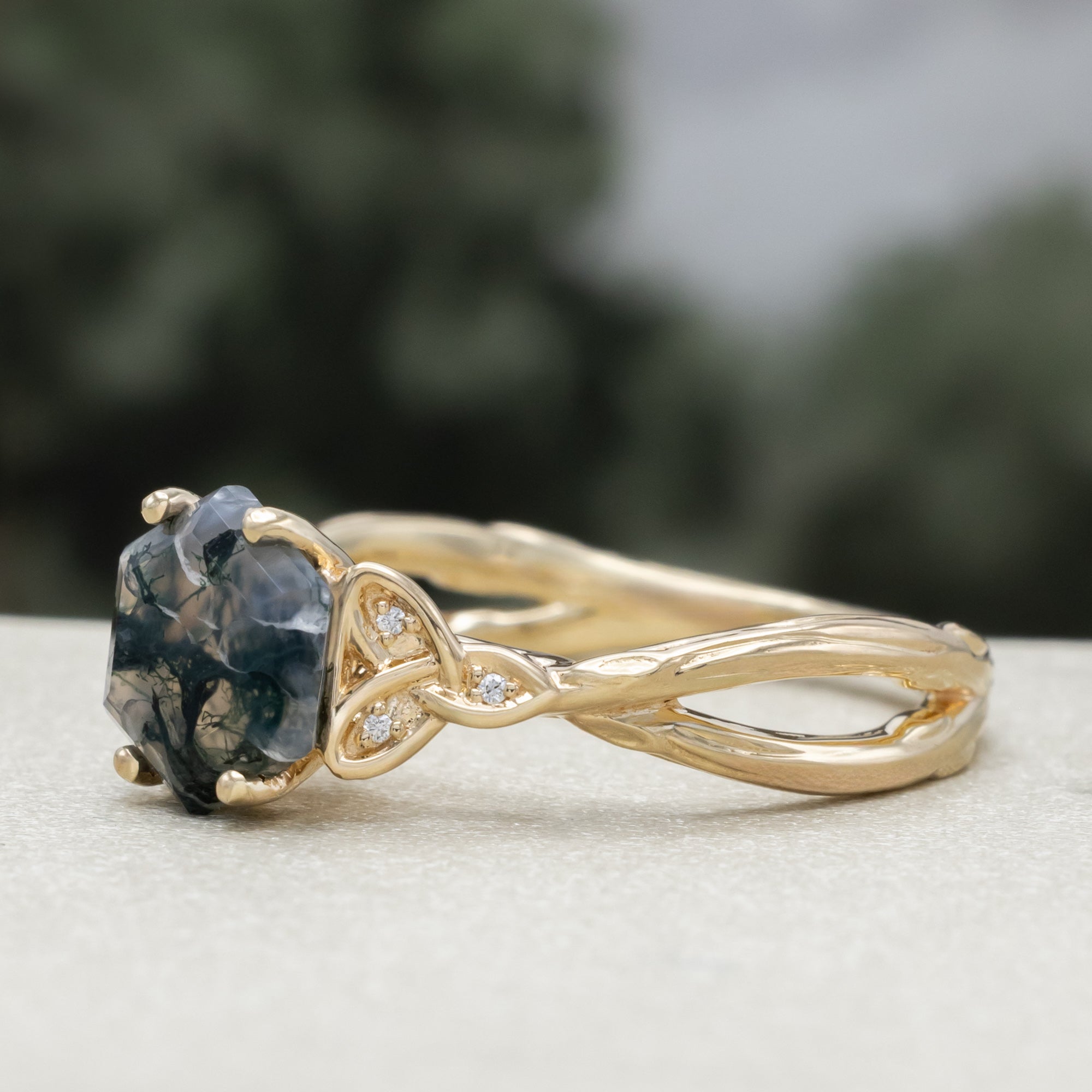 "Amaris" - Celtic Knot Accented Hexagon Cut Moss Agate Engagement Ring With Diamond Accents-Staghead Designs