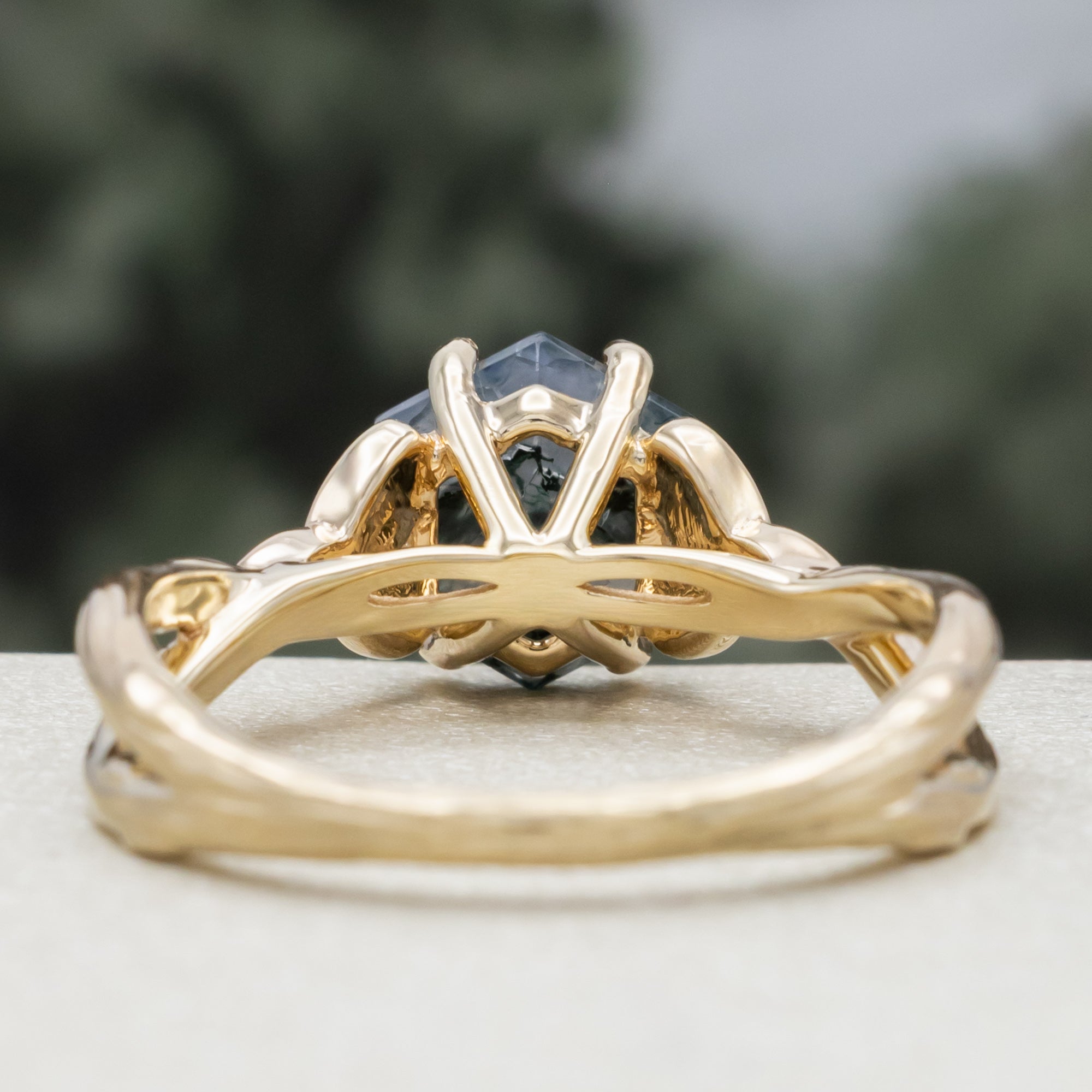 "Amaris" - Celtic Knot Accented Hexagon Cut Moss Agate Engagement Ring With Diamond Accents-Staghead Designs