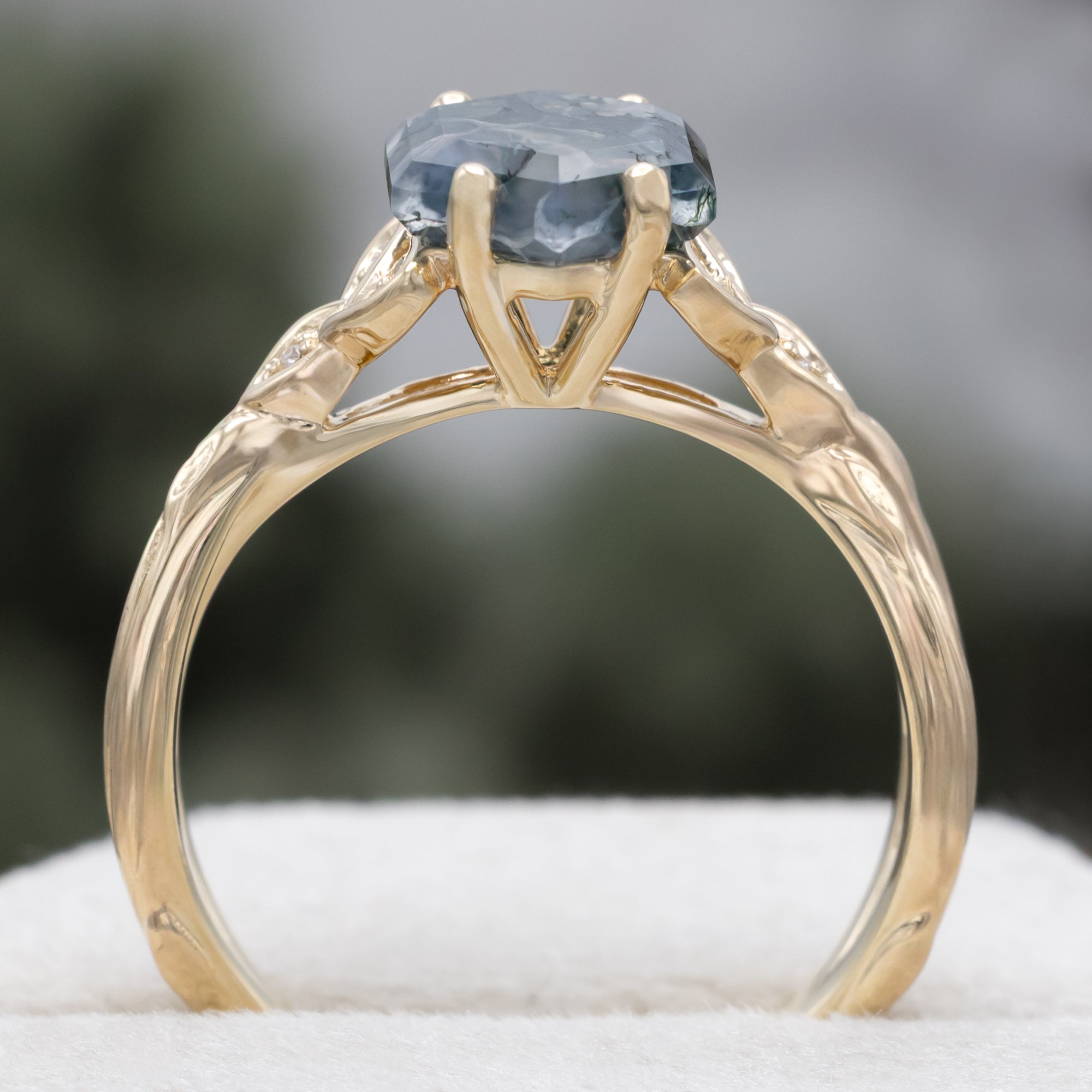 "Amaris" - Celtic Knot Accented Hexagon Cut Moss Agate Engagement Ring With Diamond Accents-Staghead Designs