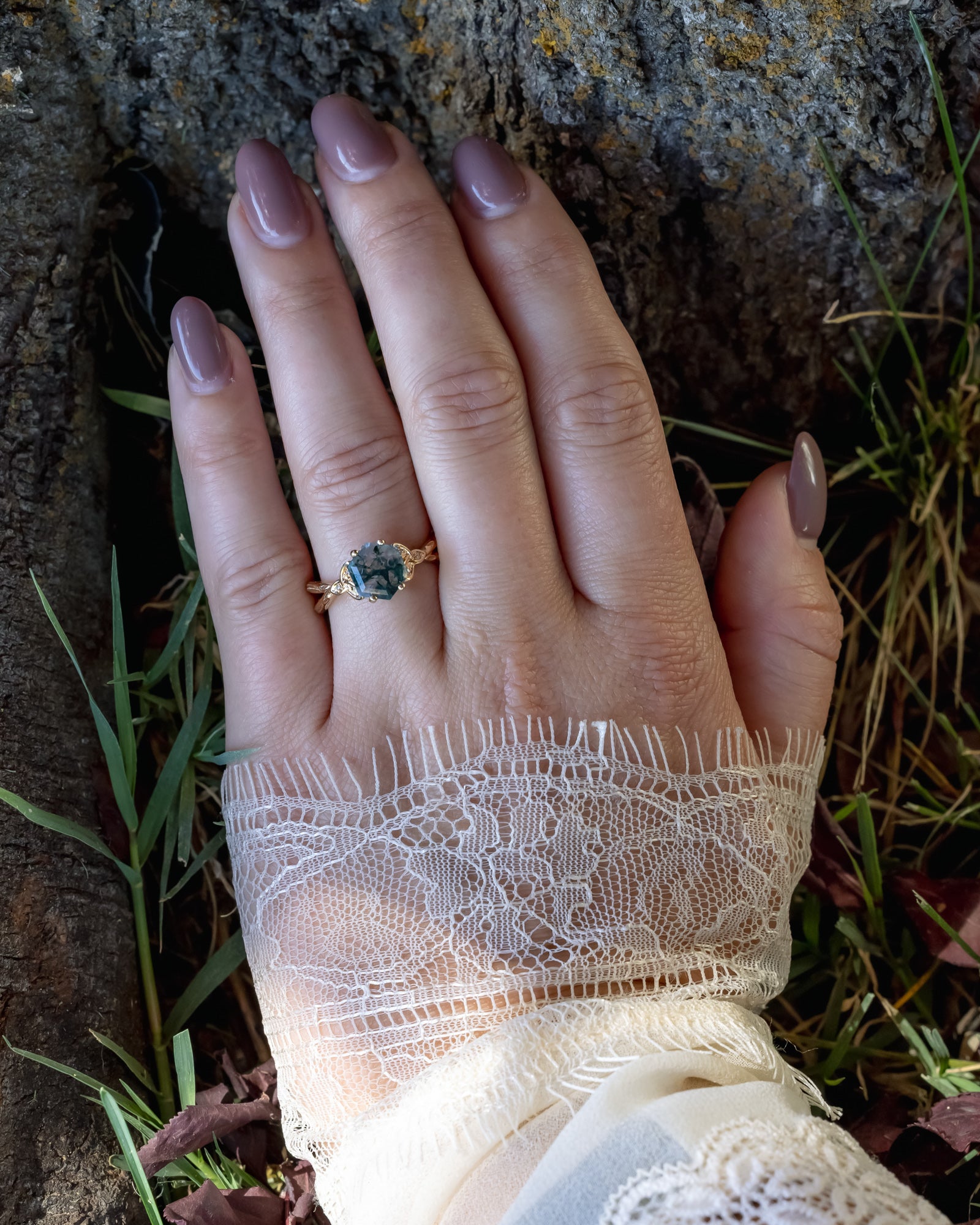 "Amaris" - Celtic Knot Accented Hexagon Cut Moss Agate Engagement Ring With Diamond Accents-Staghead Designs