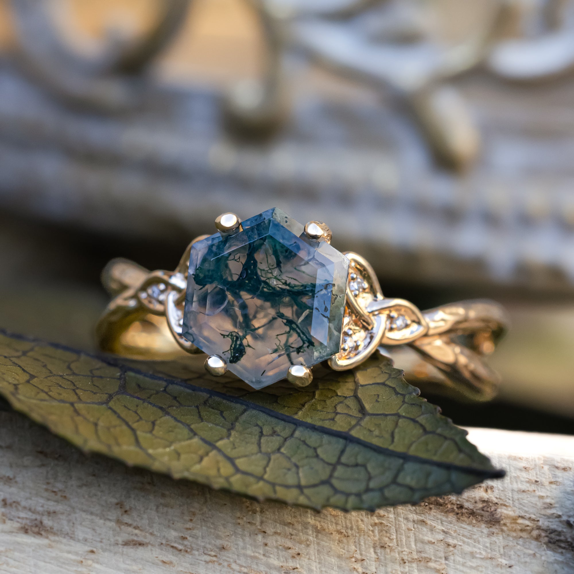 "Amaris" - Celtic Knot Accented Hexagon Cut Moss Agate Engagement Ring With Diamond Accents-Staghead Designs