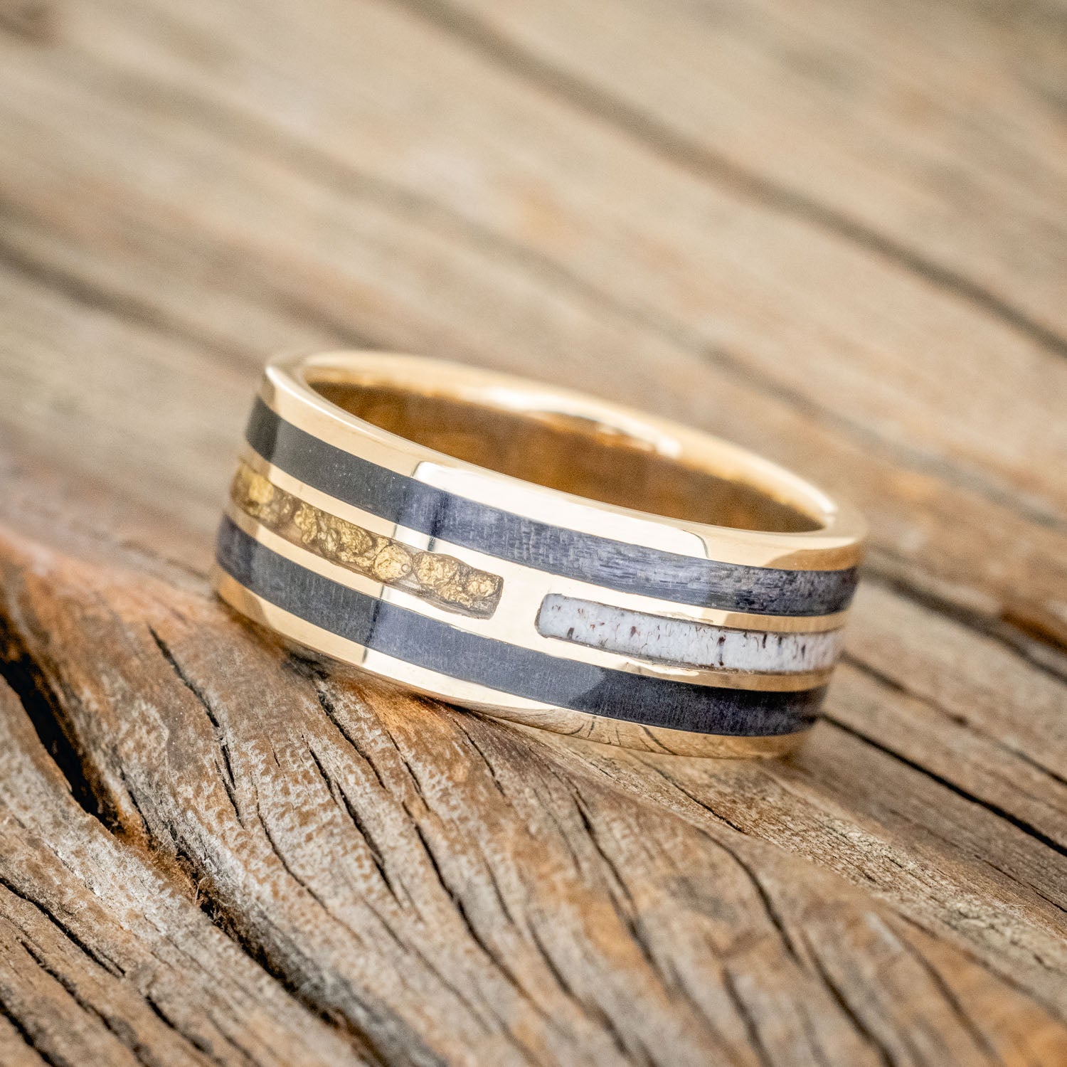 "AMBROSE" - DARK MAPLE WOOD, ANTLER & GOLD NUGGETS WEDDING BAND-2