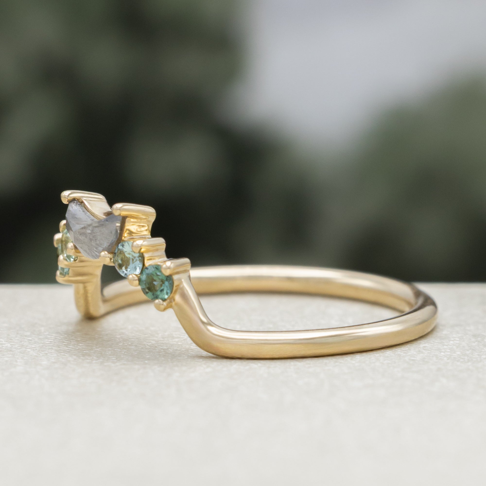 A gold ring tracer with round torumaline and crescent moon cut salt & pepper diamond on a blurred green background