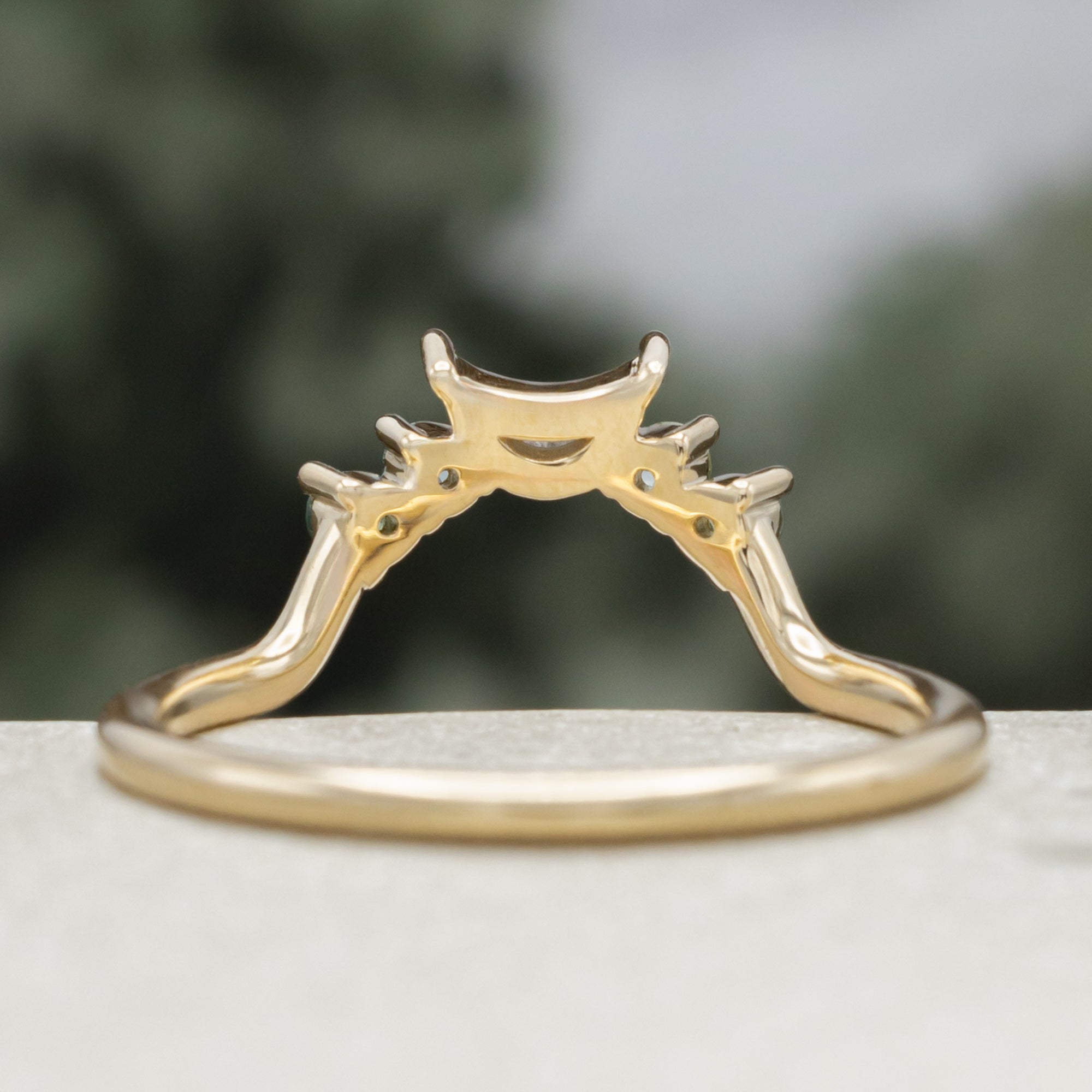 A gold ring tracer with round torumaline and crescent moon cut salt & pepper diamond on a blurred green background