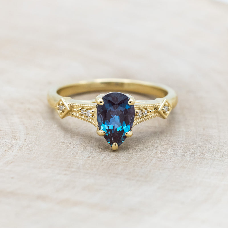 "ANNORA" - PEAR SHAPED LAB-GROWN ALEXANDRITE ENGAGEMENT RING WITH DIAMOND ACCENTS-Staghead Designs