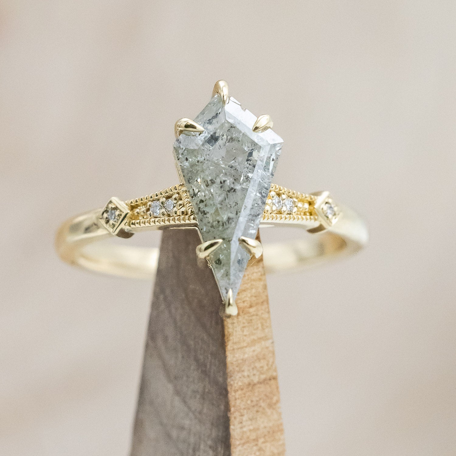"Annora" - vintage-style women's engagement ring with kite step cut salt & pepper diamond & diamond accents in 14K yellow gold