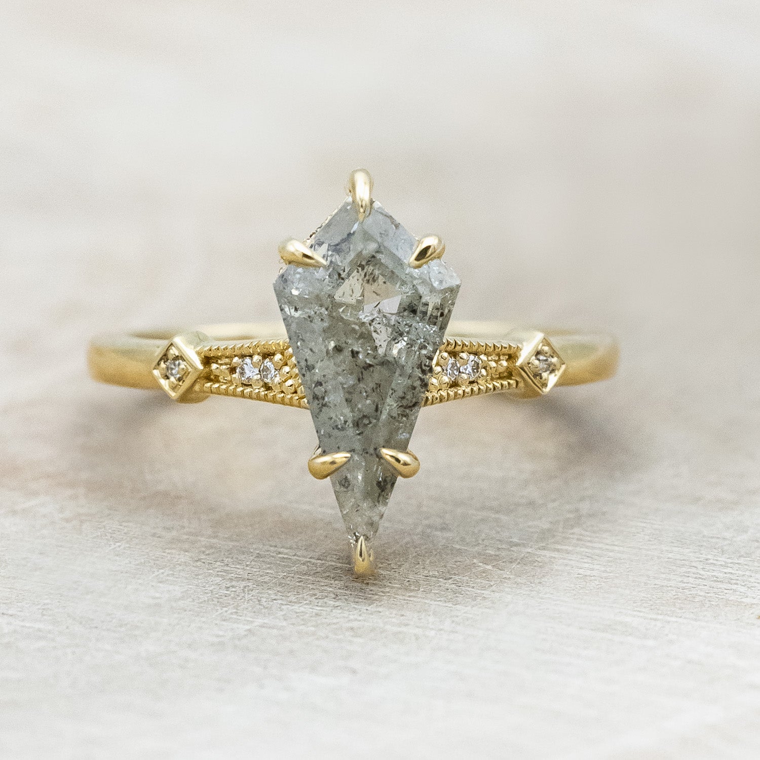 "Annora" - vintage-style women's engagement ring with kite step cut salt & pepper diamond & diamond accents in 14K yellow gold