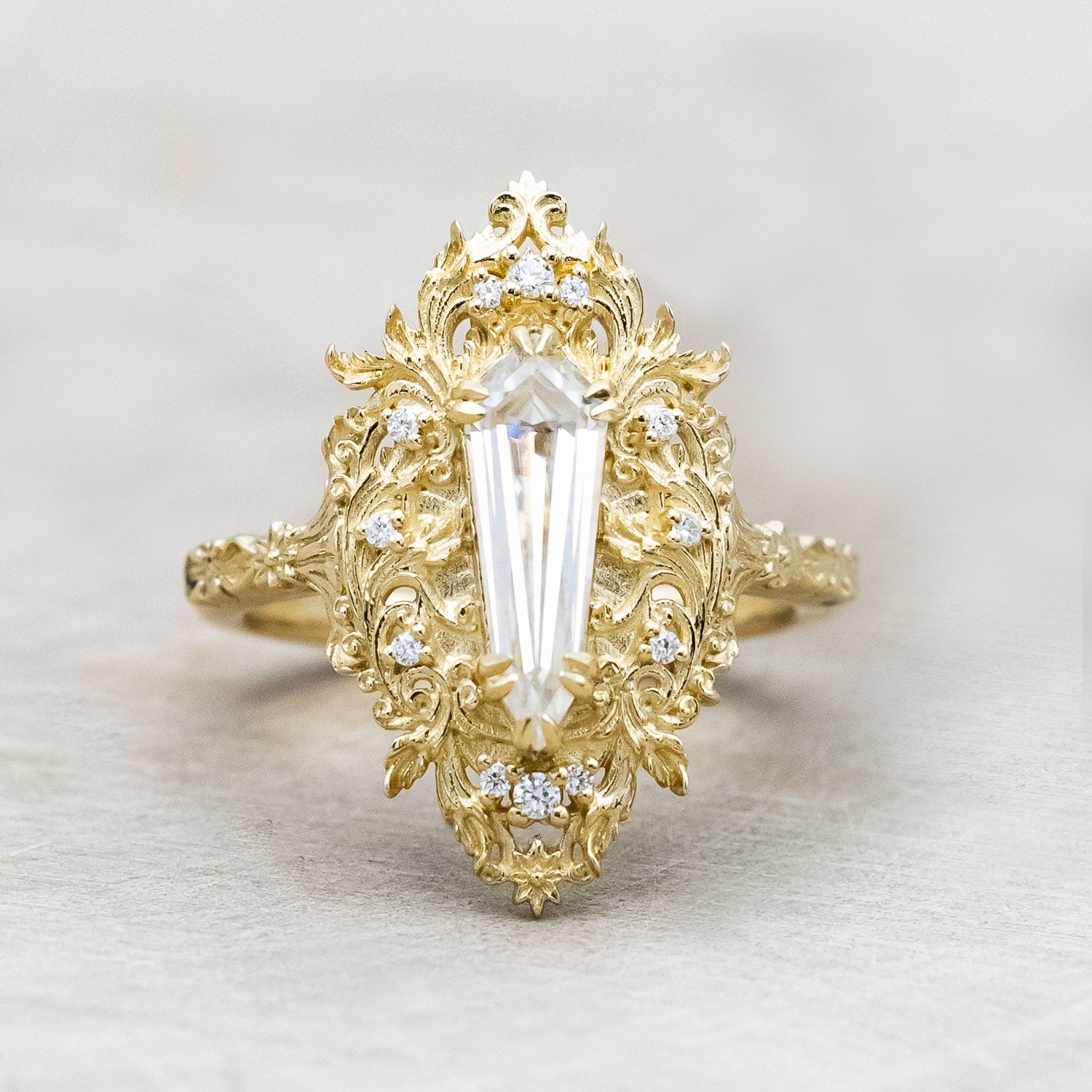 "Cherie" - rococo-inspired Moissanite women's engagement ring with diamond accents