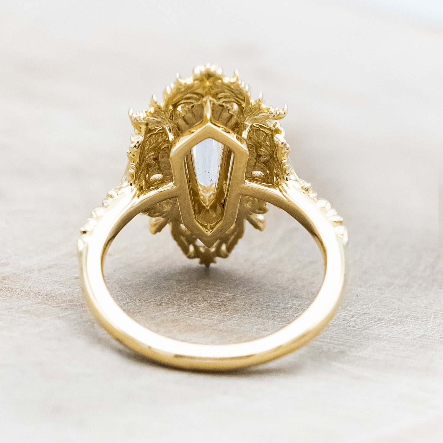 Back view of "Cherie" - rococo-inspired Moissanite women's engagement ring with diamond accents