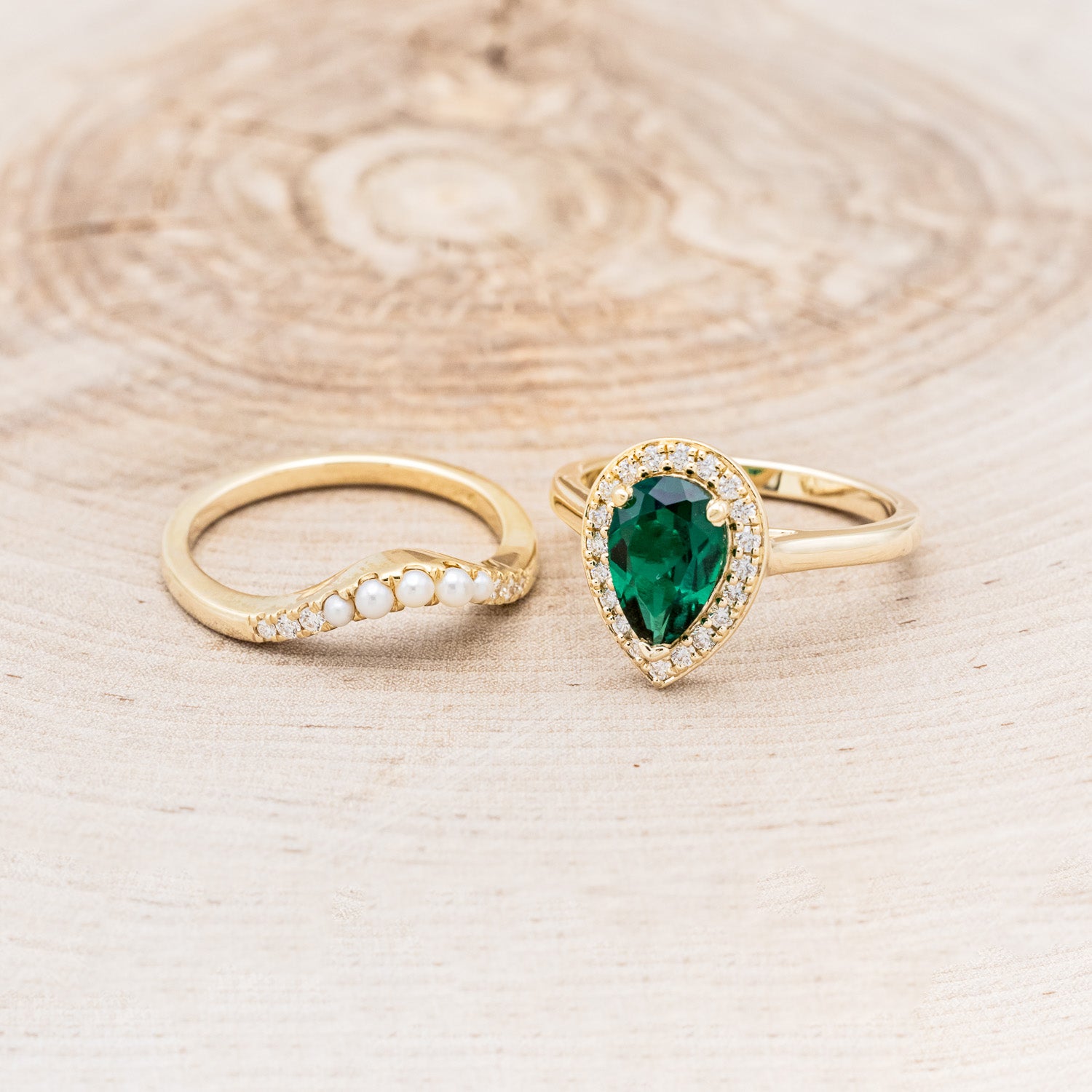 "ARABELLA" - PEAR-SHAPED LAB-GROWN EMERALD ENGAGEMENT RING WITH DIAMOND ACCENTS & PEARL TRACER-6