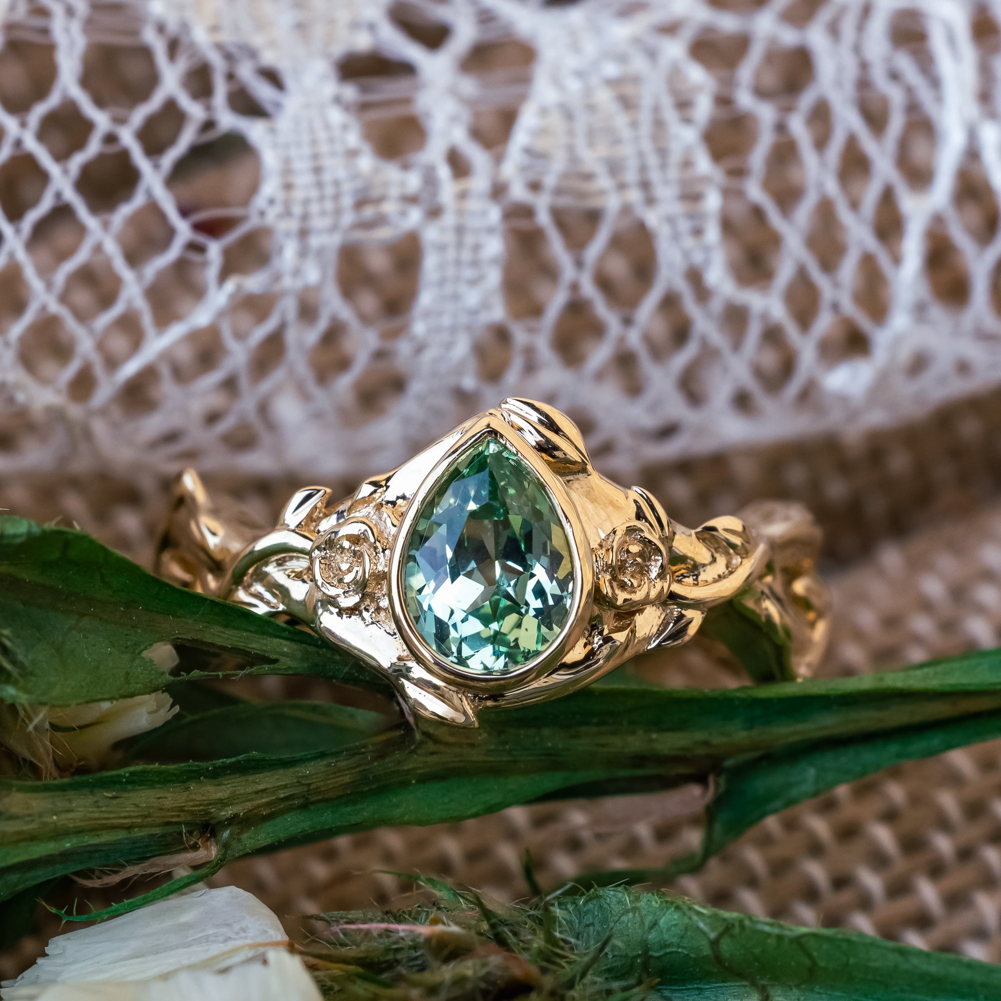 "ARDEN" - BEZEL SET PEAR CUT LAB-GROWN SAPPHIRE ENGAGEMENT RING WITH VINE FILIGREE-Staghead Designs