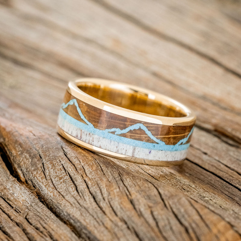 "THE EXPEDITION" - MOUNTAIN ENGRAVED WEDDING RING WITH ANTLER INLAY-Staghead Designs