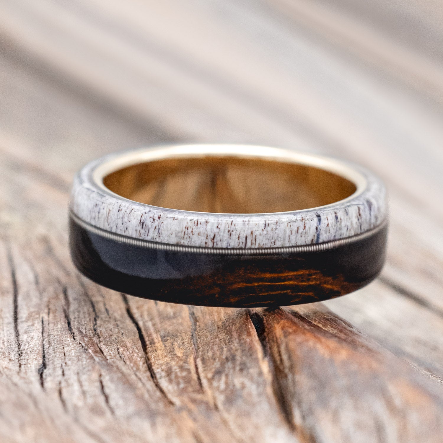 "ARGOS" - ANTLER, GUITAR STRING & IRONWOOD WEDDING BAND-Staghead Designs