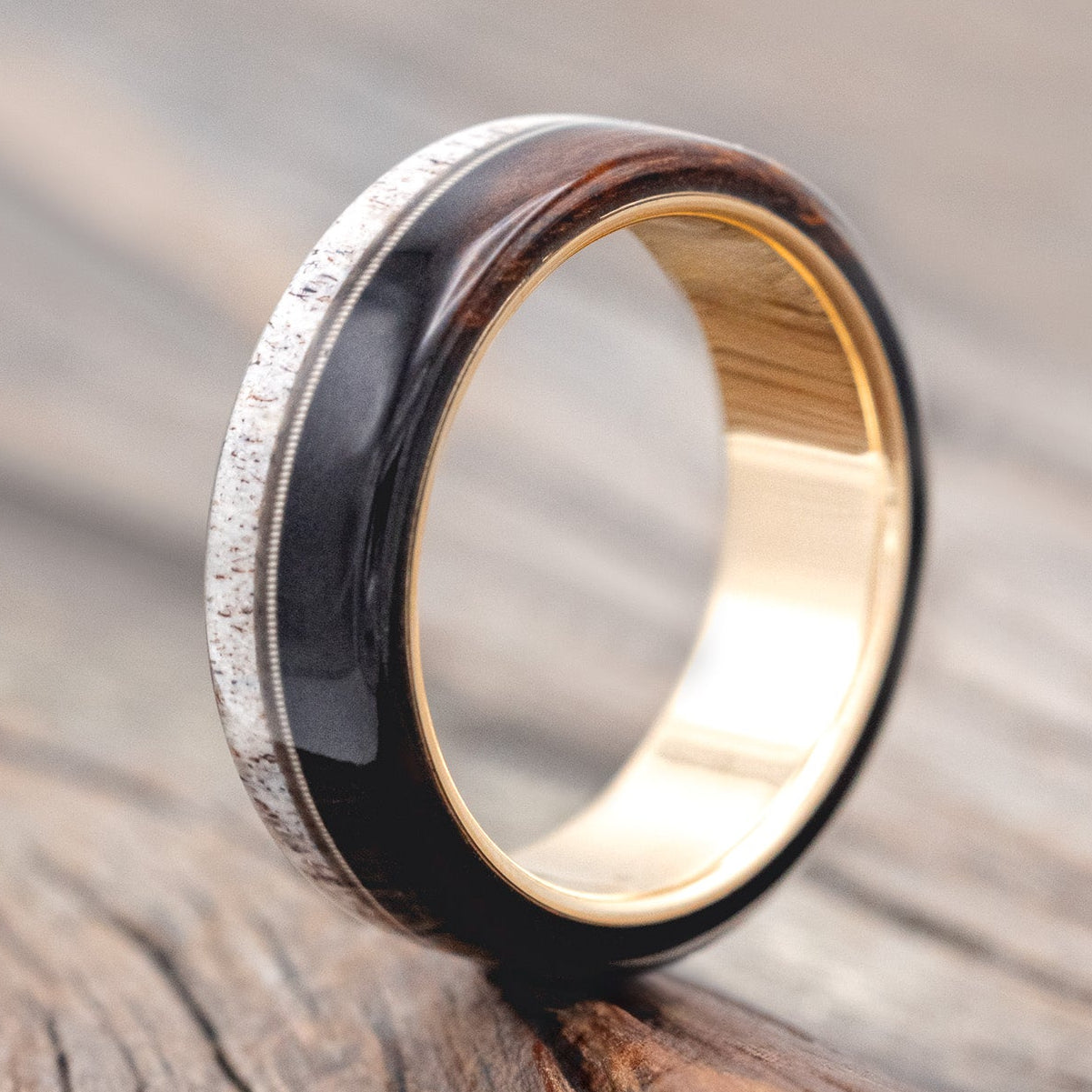 "ARGOS" - ANTLER, GUITAR STRING & IRONWOOD WEDDING BAND-Staghead Designs