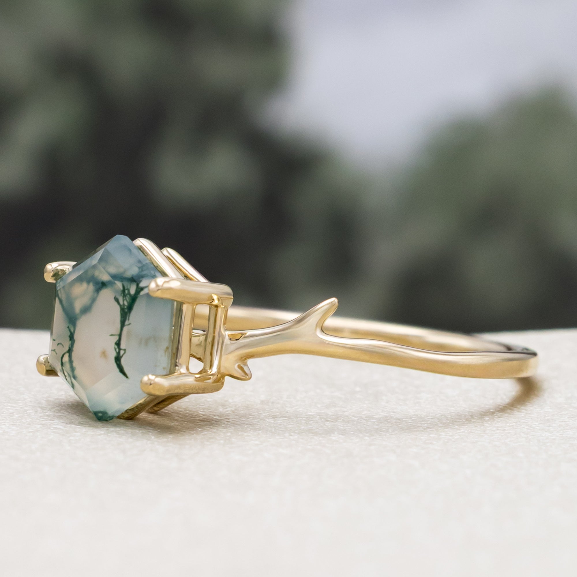 "ARTEMIS" - HEXAGON CUT MOSS AGATE ENGAGEMENT RING WITH AN ANTLER-STYLE STACKING BAND-Staghead Designs