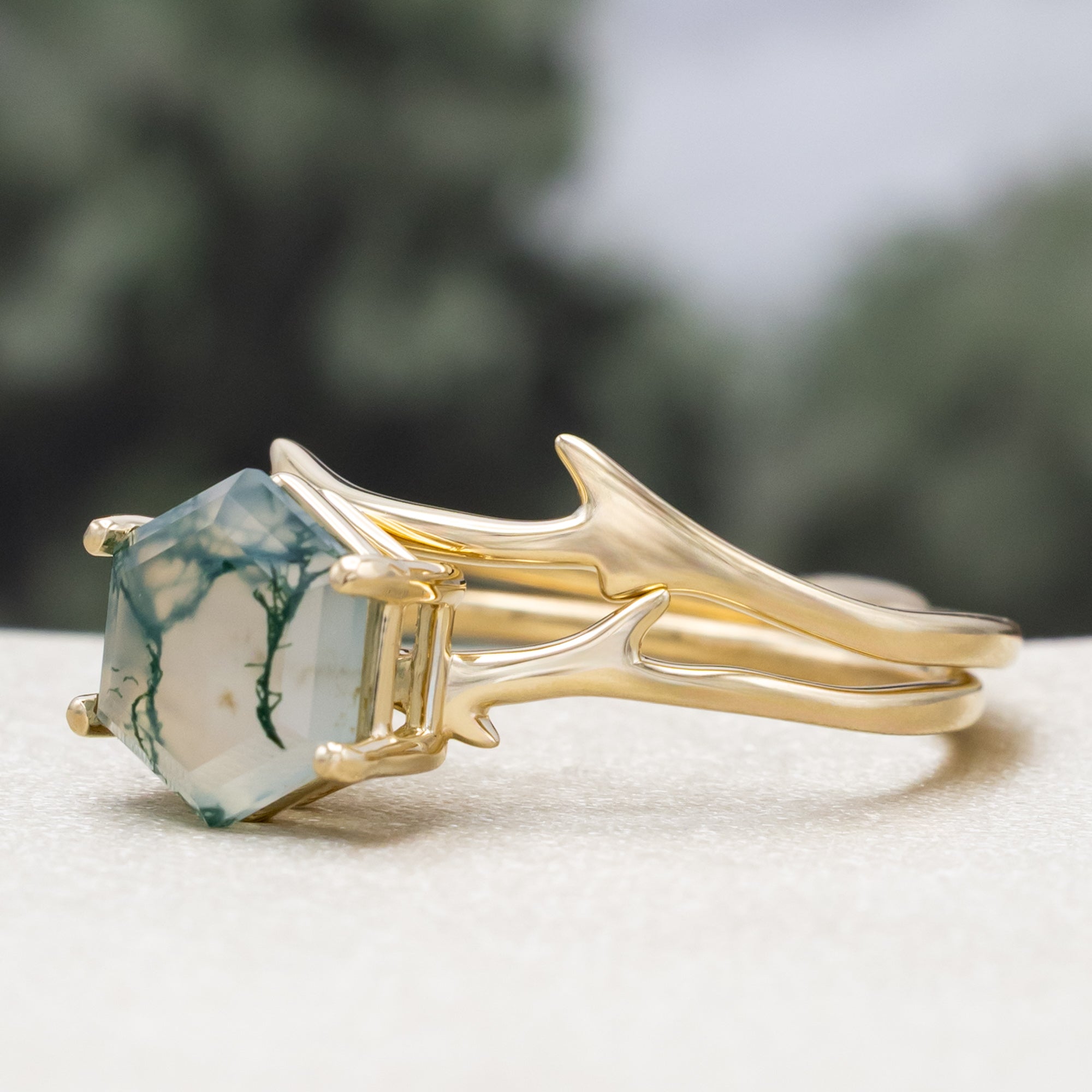 "ARTEMIS" - HEXAGON CUT MOSS AGATE ENGAGEMENT RING WITH AN ANTLER-STYLE STACKING BAND-Staghead Designs