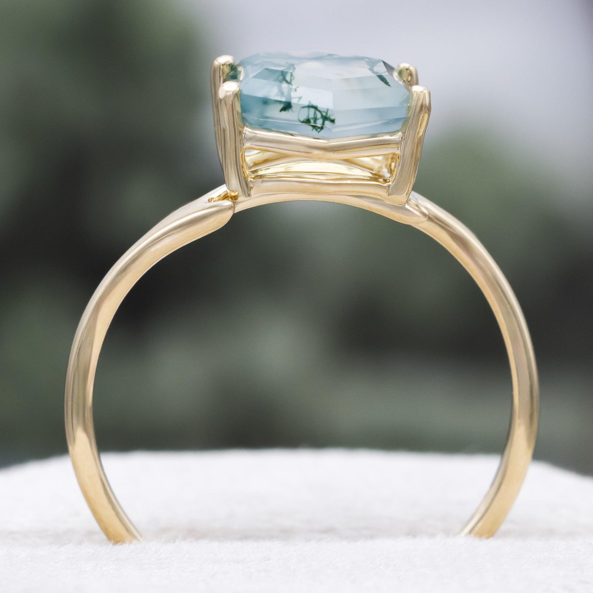 "ARTEMIS" - HEXAGON CUT MOSS AGATE ENGAGEMENT RING WITH AN ANTLER-STYLE STACKING BAND-Staghead Designs