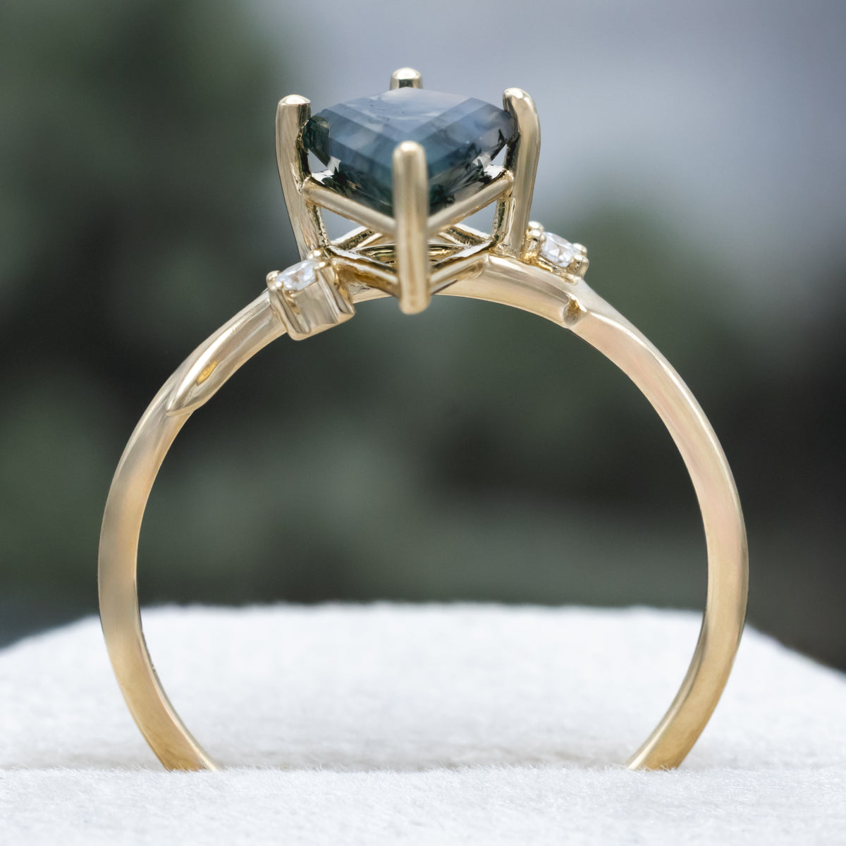 "Artemis" - Kite Cut Moss Agate Engagement Ring With Antler-Style Stacking Band And Diamond Accents-Staghead Designs