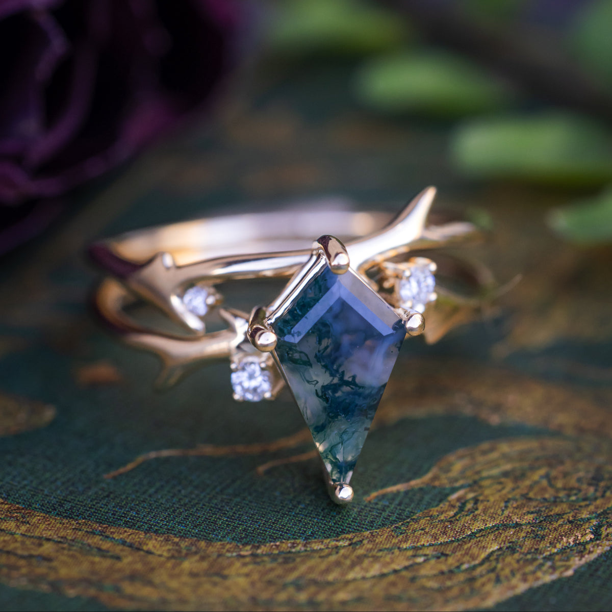 "Artemis" - Kite Cut Moss Agate Engagement Ring With Antler-Style Stacking Band And Diamond Accents-Staghead Designs