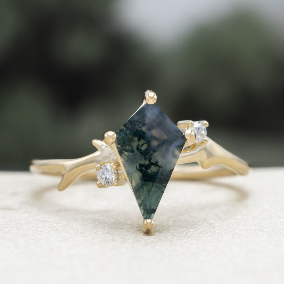 "Artemis" - Kite Cut Moss Agate Engagement Ring With Antler-Style Stacking Band And Diamond Accents-Staghead Designs