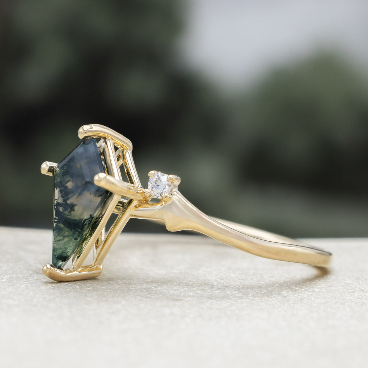 "Artemis" - Kite Cut Moss Agate Engagement Ring With Antler-Style Stacking Band And Diamond Accents-Staghead Designs