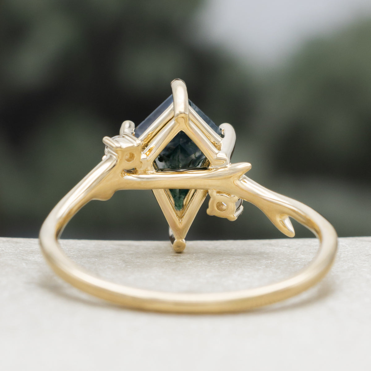 "Artemis" - Kite Cut Moss Agate Engagement Ring With Antler-Style Stacking Band And Diamond Accents-Staghead Designs