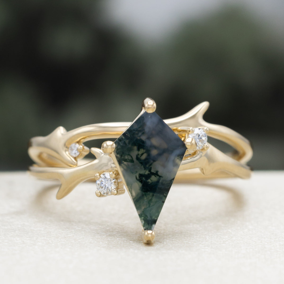 "Artemis" - Kite Cut Moss Agate Engagement Ring With Antler-Style Stacking Band And Diamond Accents-Staghead Designs