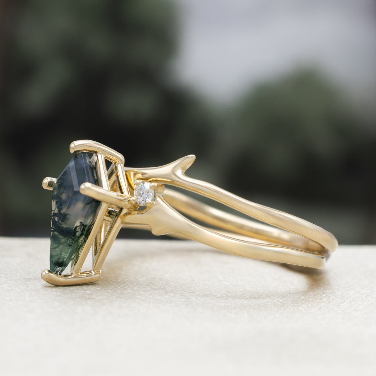 "Artemis" - Kite Cut Moss Agate Engagement Ring With Antler-Style Stacking Band And Diamond Accents-Staghead Designs