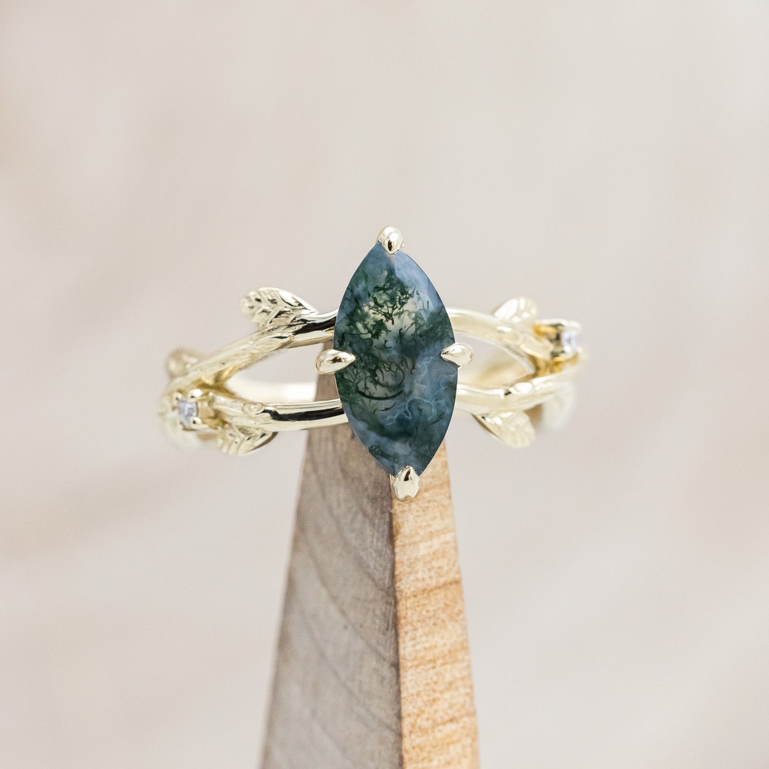 "ARTEMIS ON THE VINE" - MARQUISE CUT MOSS AGATE ENGAGEMENT RING WITH DIAMOND ACCENTS & "BRIAR" BRANCH-STYLE TRACER-Staghead Designs