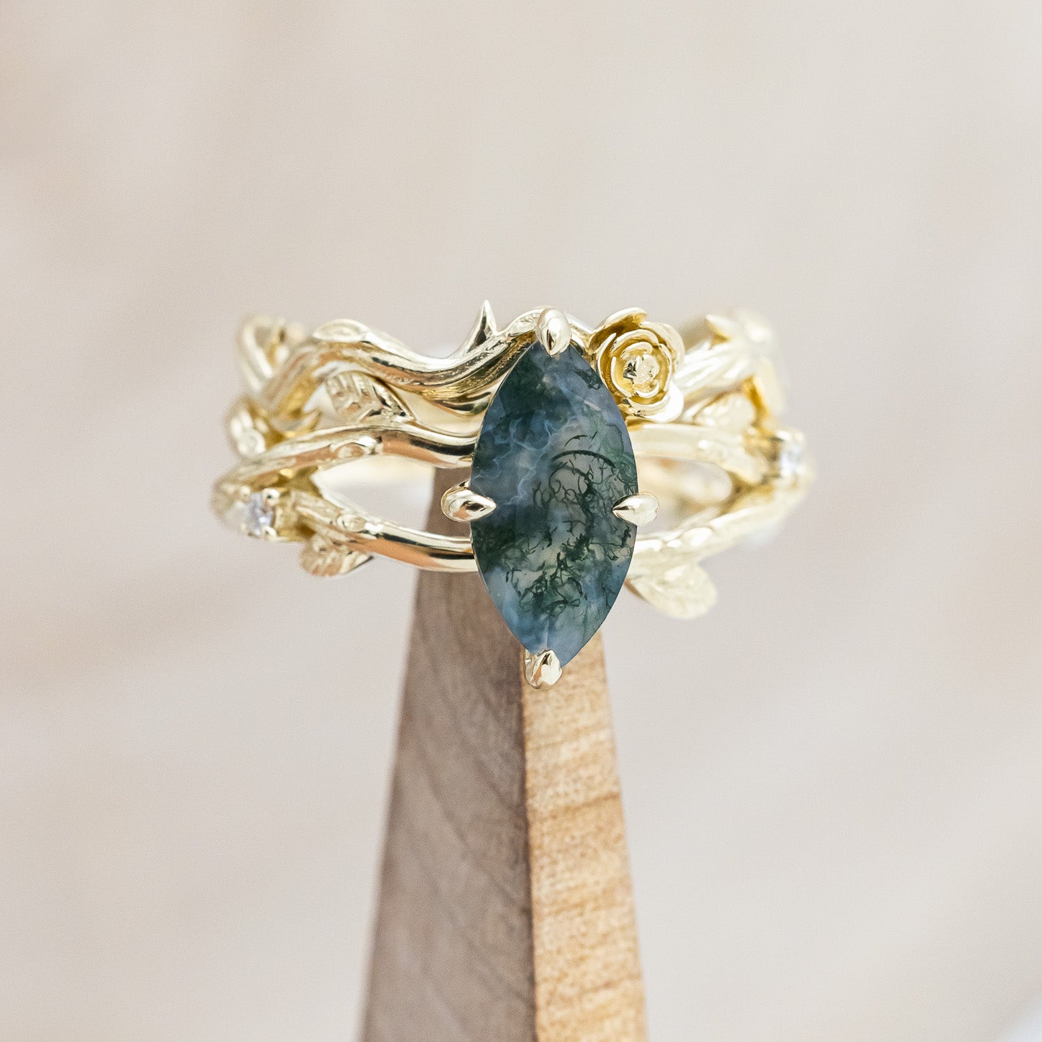 "ARTEMIS ON THE VINE" - MARQUISE CUT MOSS AGATE ENGAGEMENT RING WITH DIAMOND ACCENTS & "BRIAR" BRANCH-STYLE TRACER-Staghead Designs