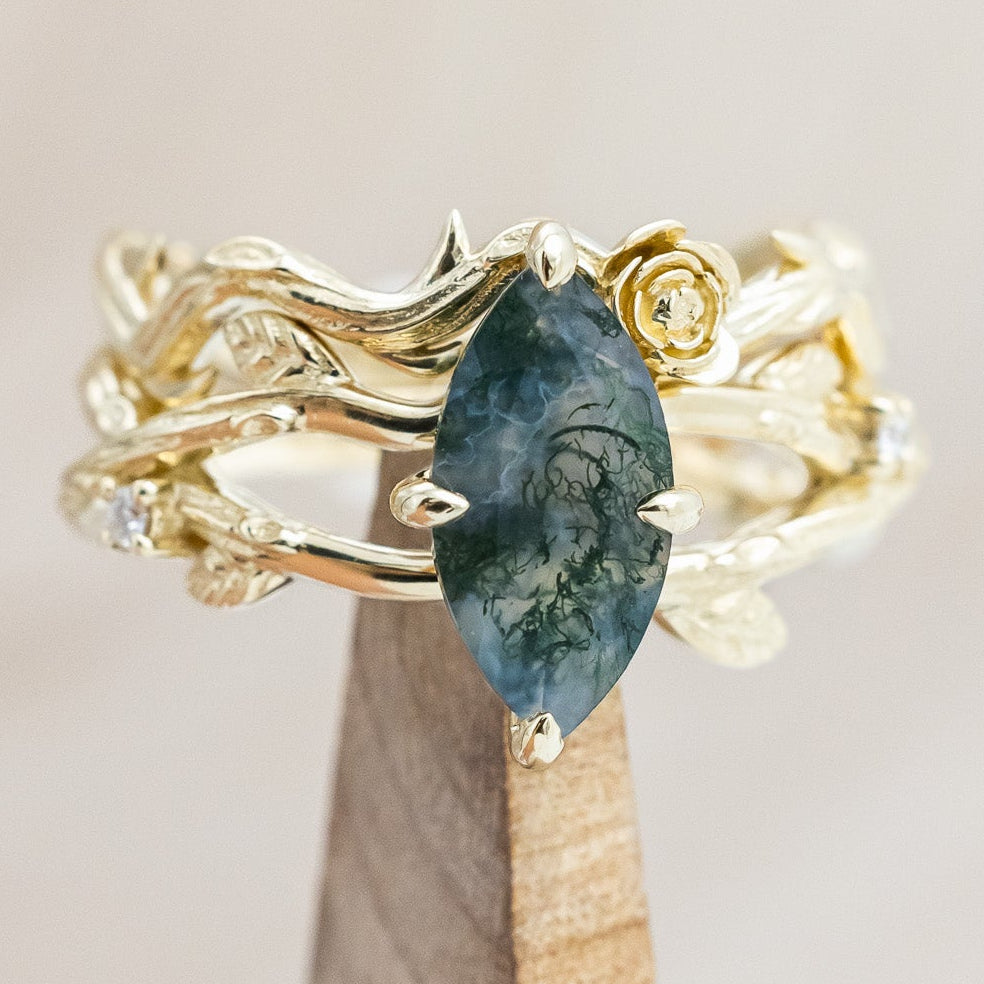 "ARTEMIS ON THE VINE" - MARQUISE CUT MOSS AGATE ENGAGEMENT RING WITH DIAMOND ACCENTS & "BRIAR" BRANCH-STYLE TRACER-Staghead Designs