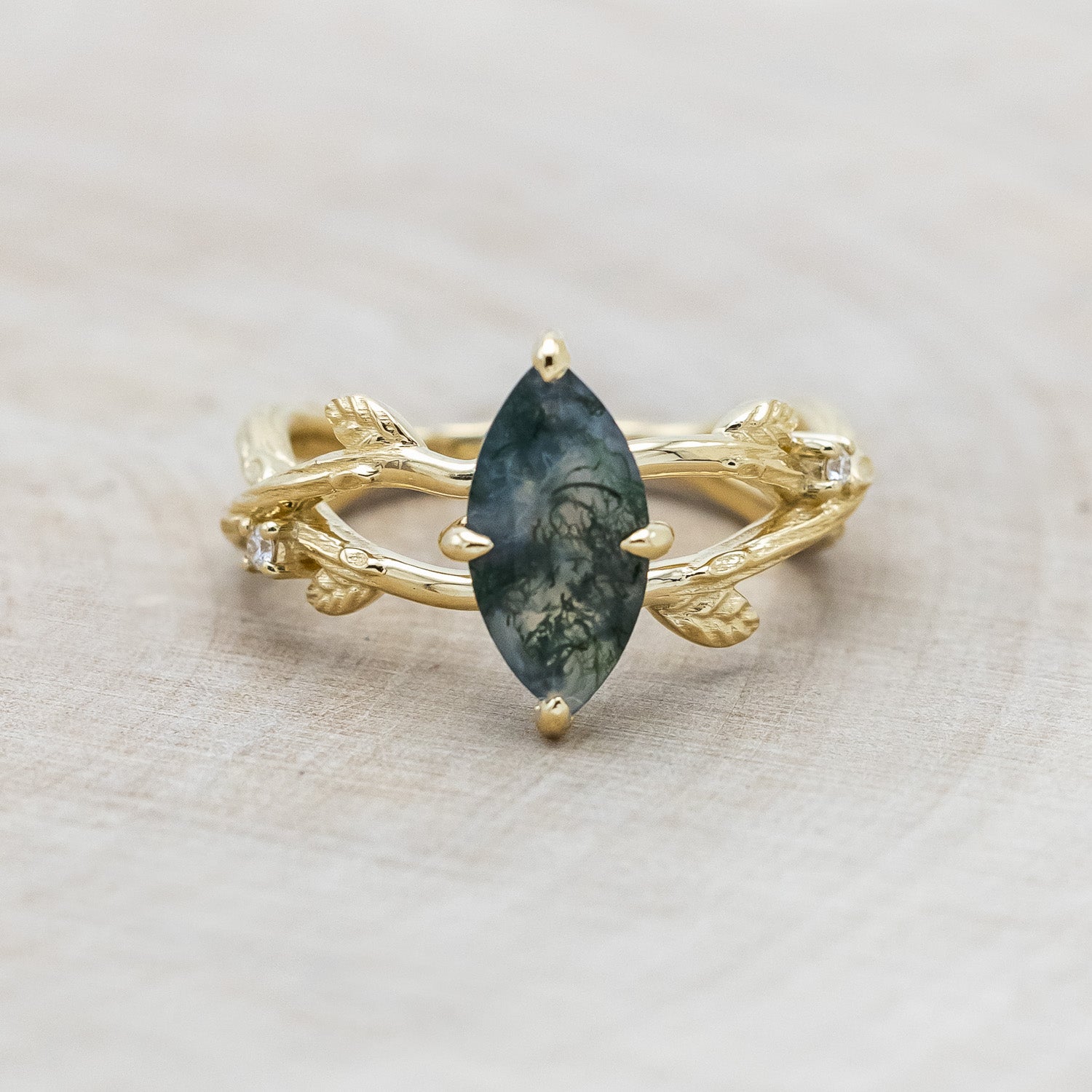 "ARTEMIS ON THE VINE" - MARQUISE CUT MOSS AGATE ENGAGEMENT RING WITH DIAMOND ACCENTS & "BRIAR" BRANCH-STYLE TRACER-Staghead Designs