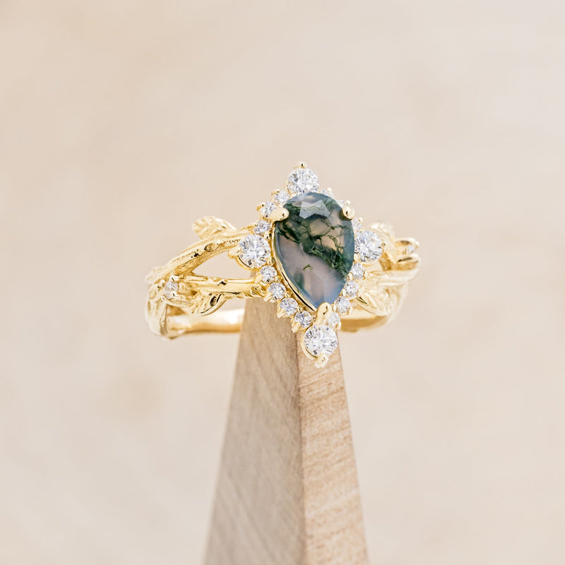 "ARTEMIS ON THE VINE DIVINE" - PEAR MOSS AGATE ENGAGEMENT RING WITH DIAMOND ACCENTS