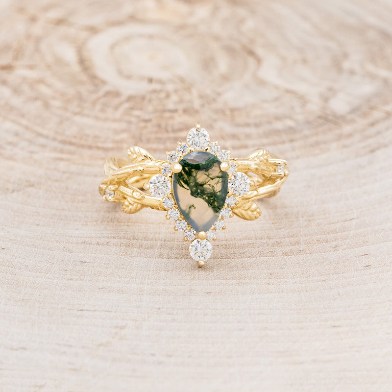 "ARTEMIS ON THE VINE DIVINE" - PEAR MOSS AGATE ENGAGEMENT RING WITH DIAMOND ACCENTS-10