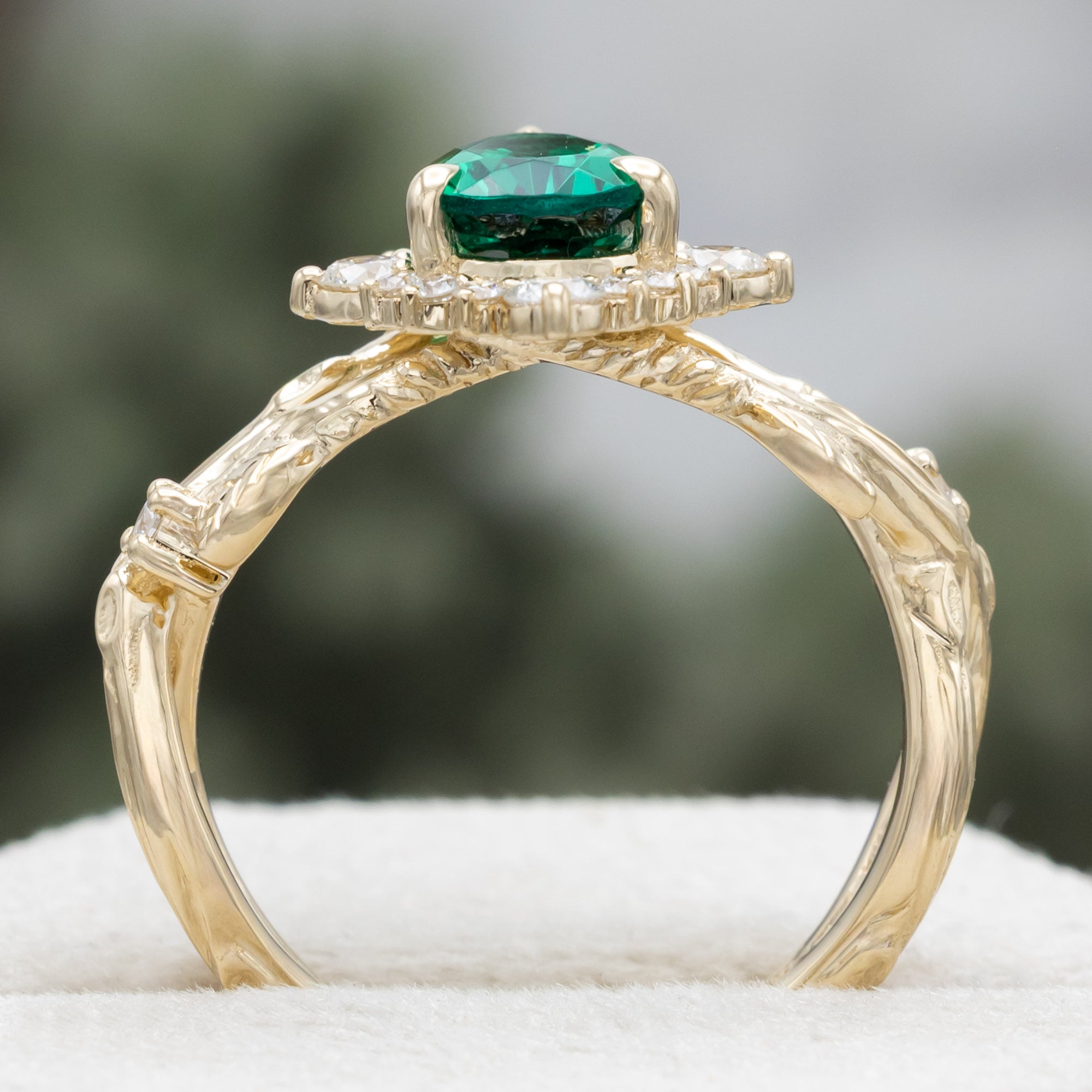 "ARTEMIS ON THE VINE DIVINE" - PEAR CUT LAB-GROWN EMERALD ENGAGEMENT RING WITH DIAMOND ACCENTS & A BRANCH-STYLE BAND-Staghead Designs