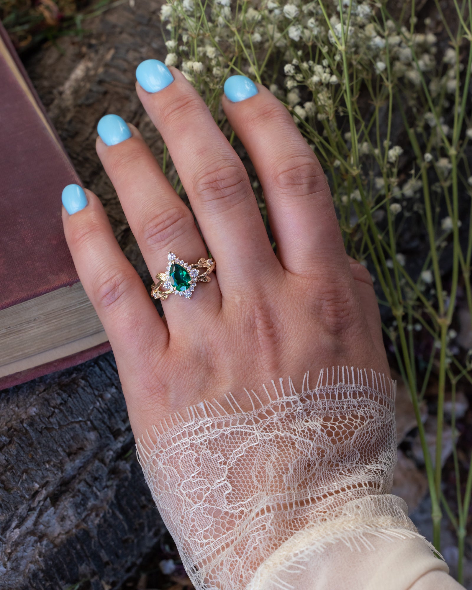 "ARTEMIS ON THE VINE DIVINE" - PEAR CUT LAB-GROWN EMERALD ENGAGEMENT RING WITH DIAMOND ACCENTS & A BRANCH-STYLE BAND-Staghead Designs