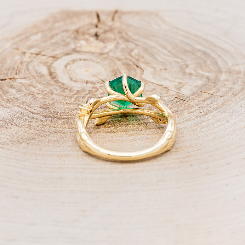 "ARTEMIS ON THE VINE" - HEXAGON LAB-GROWN EMERALD ENGAGEMENT RING WITH DIAMOND ACCENTS & A BRANCH-STYLE BAND