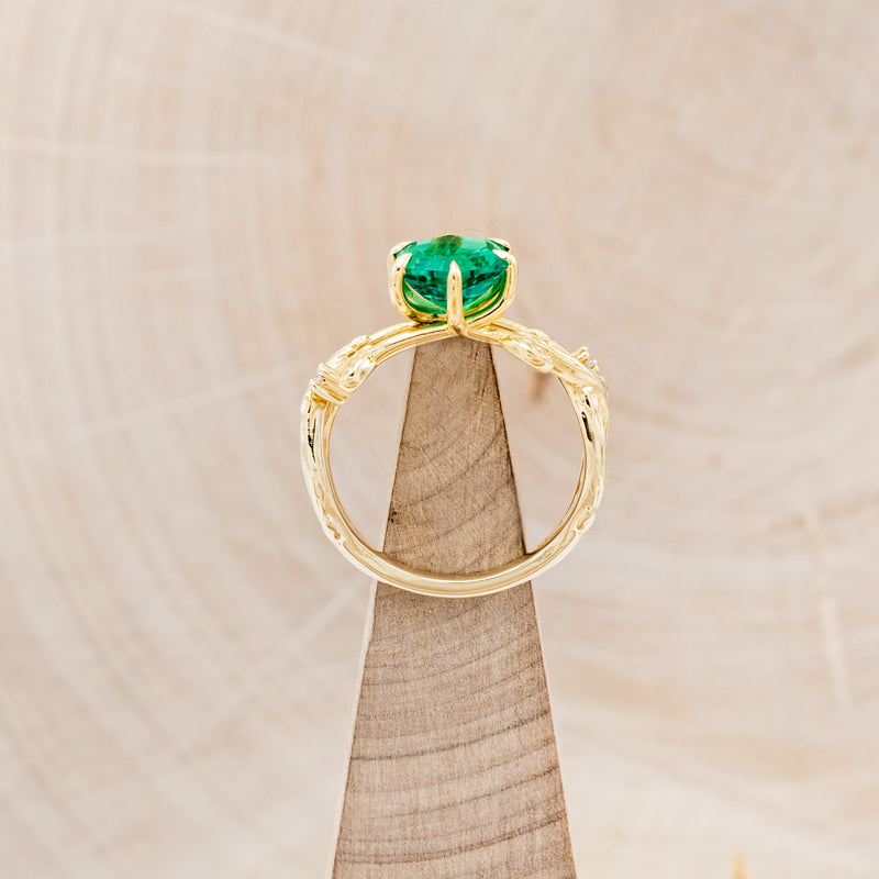 "ARTEMIS ON THE VINE" - HEXAGON LAB-GROWN EMERALD ENGAGEMENT RING WITH DIAMOND ACCENTS & A BRANCH-STYLE BAND