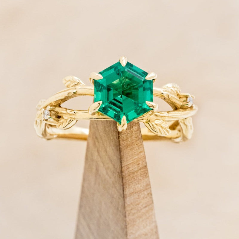 "ARTEMIS ON THE VINE" - HEXAGON LAB-GROWN EMERALD ENGAGEMENT RING WITH DIAMOND ACCENTS & A BRANCH-STYLE BAND-1