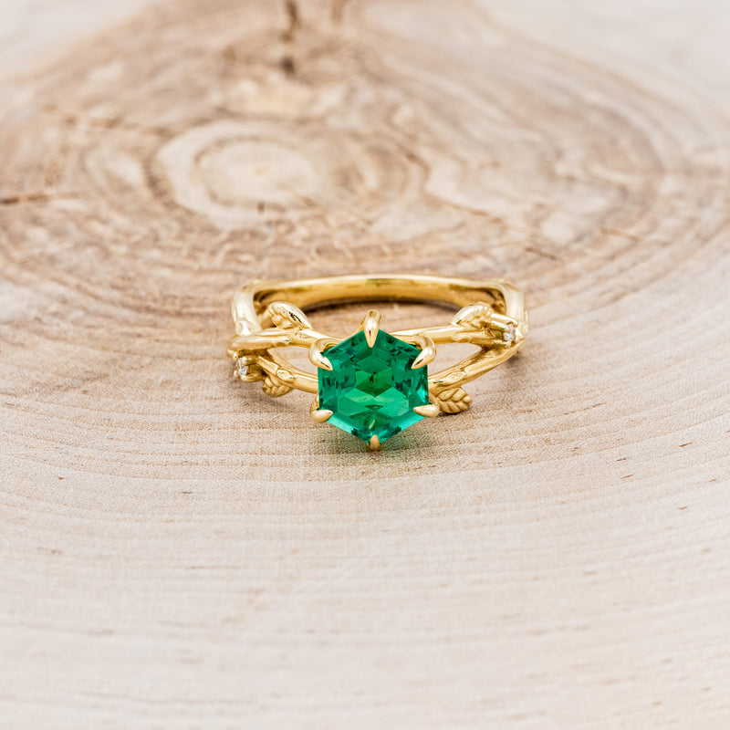 "ARTEMIS ON THE VINE" - HEXAGON LAB-GROWN EMERALD ENGAGEMENT RING WITH DIAMOND ACCENTS & A BRANCH-STYLE BAND-4