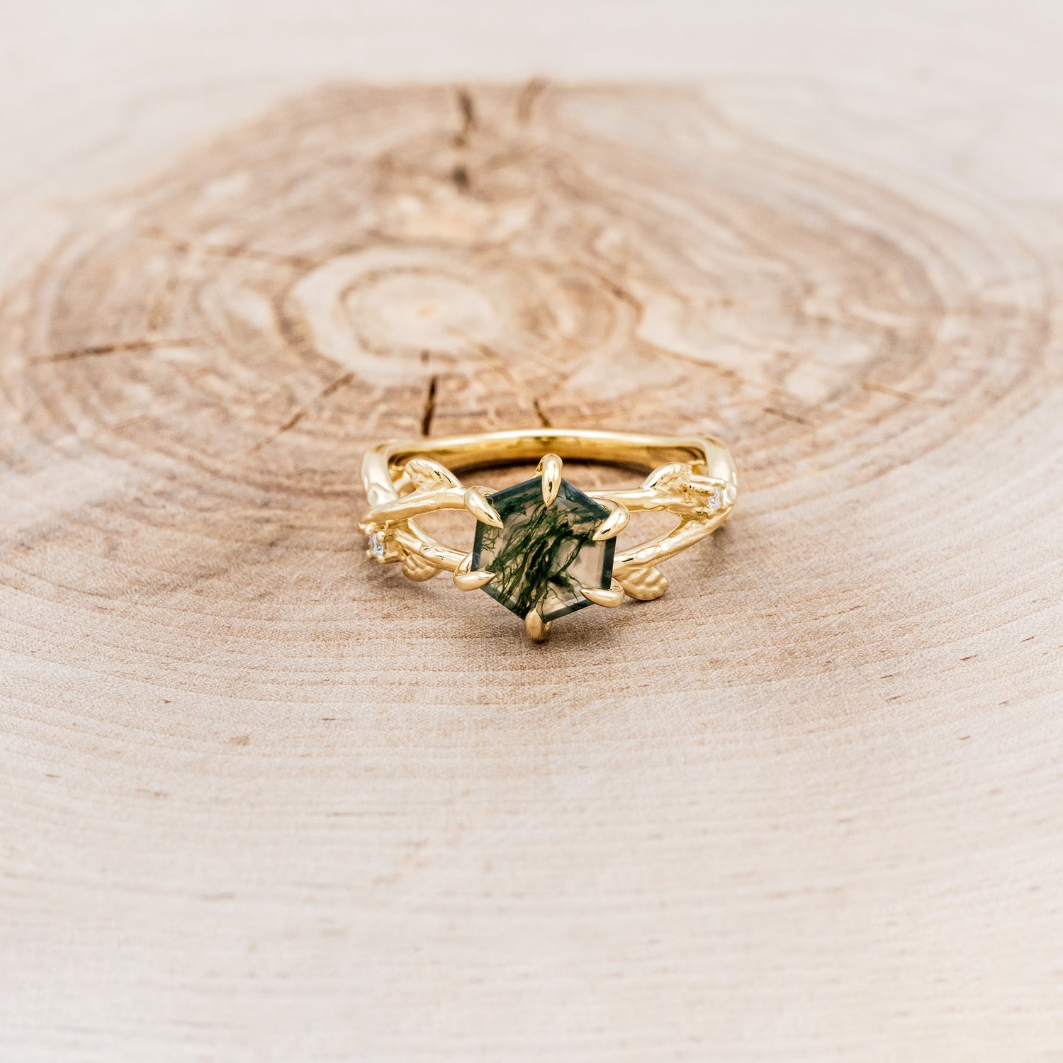 "ARTEMIS ON THE VINE" - HEXAGON MOSS AGATE ENGAGEMENT RING WITH DIAMOND ACCENTS & A BRANCH-STYLE BAND-4