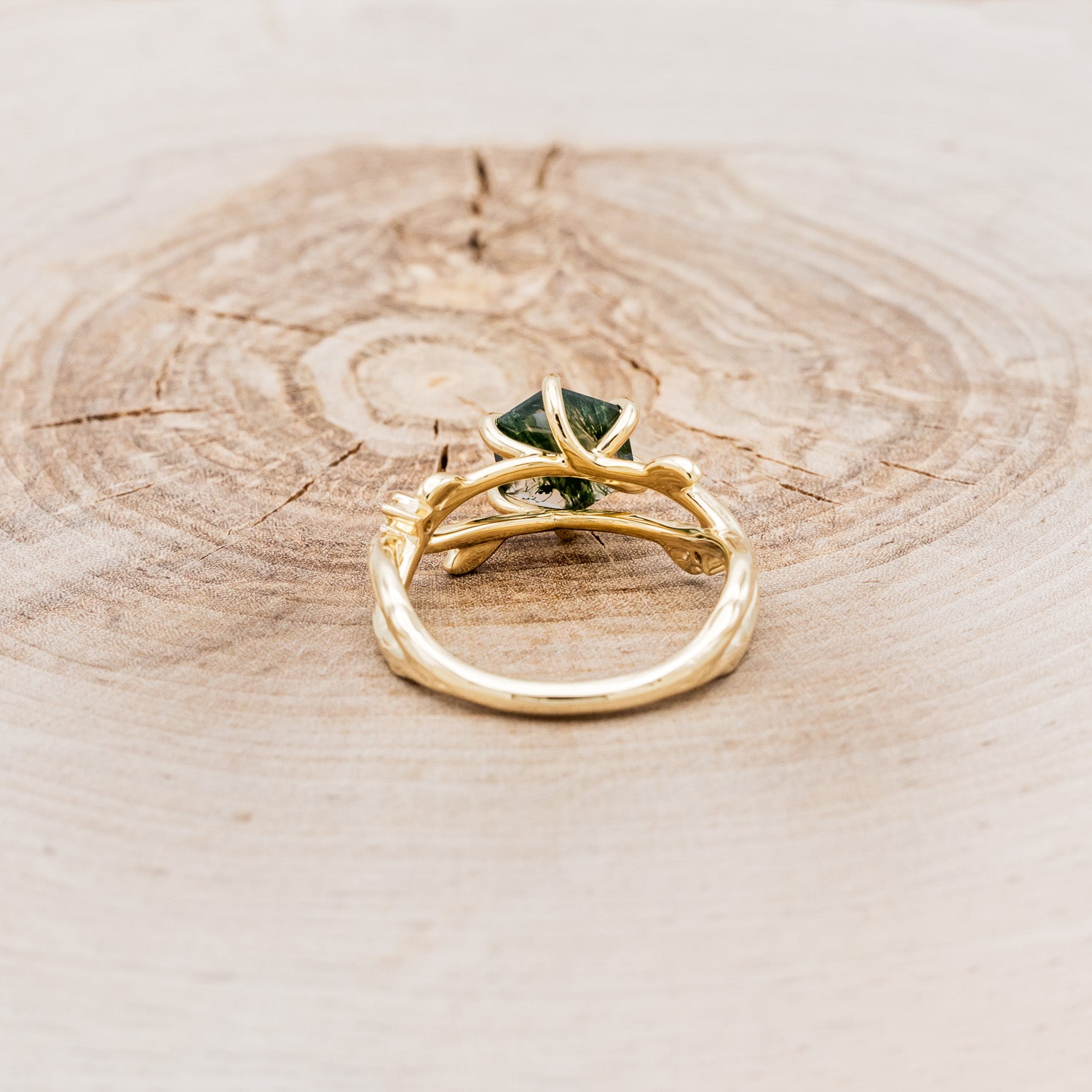 "ARTEMIS ON THE VINE" - HEXAGON MOSS AGATE ENGAGEMENT RING WITH DIAMOND ACCENTS & A BRANCH-STYLE BAND-5