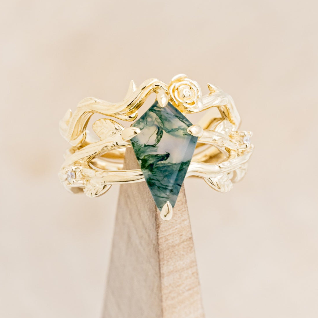 "ARTEMIS ON THE VINE" - KITE CUT MOSS AGATE ENGAGEMENT RING WITH DIAMOND ACCENTS & "BRIAR" BRANCH-STYLE TRACER-37