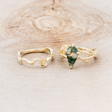 "ARTEMIS ON THE VINE" - KITE CUT MOSS AGATE ENGAGEMENT RING WITH DIAMOND ACCENTS & "BRIAR" BRANCH-STYLE TRACER