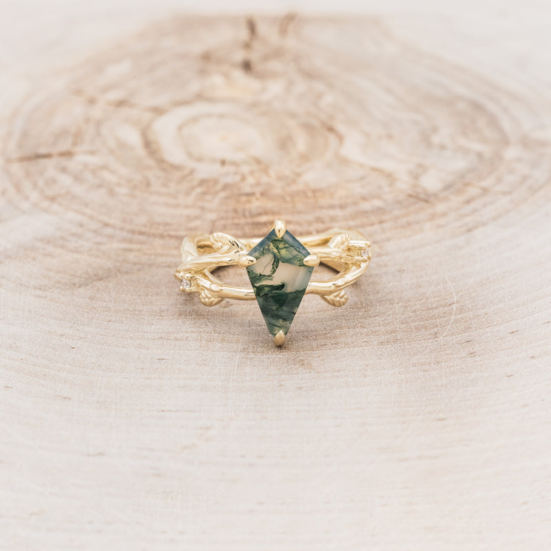 "ARTEMIS ON THE VINE" - KITE CUT MOSS AGATE ENGAGEMENT RING WITH DIAMOND ACCENTS & "BRIAR" BRANCH-STYLE TRACER-45