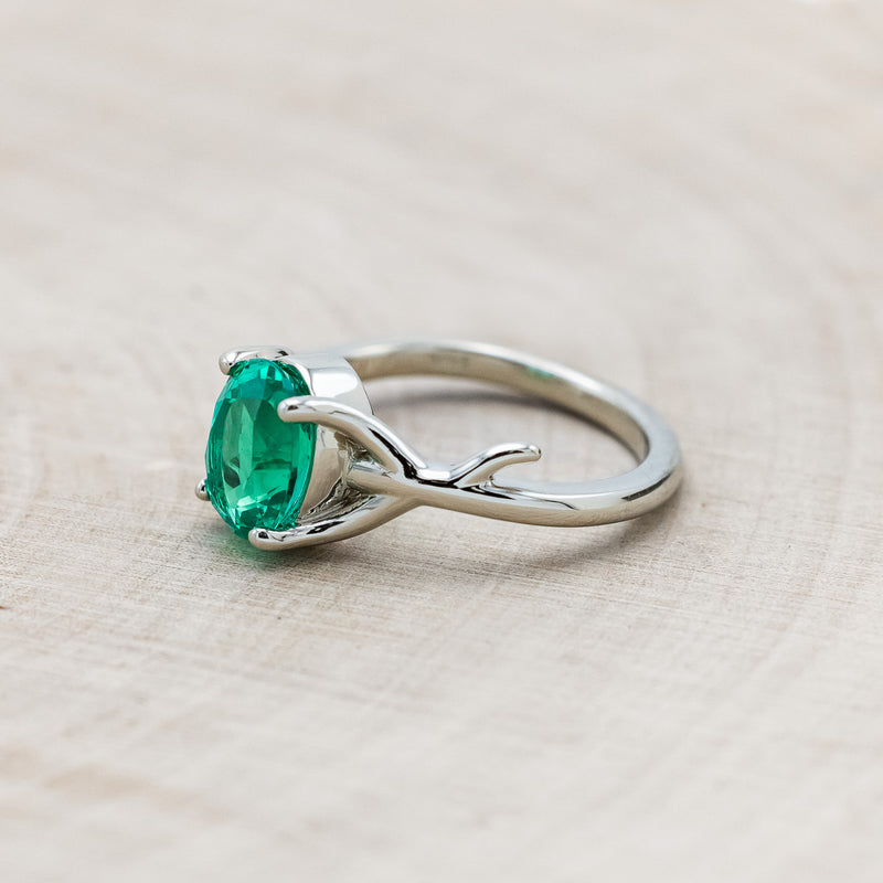 "ARTEMIS" - OVAL LAB-GROWN EMERALD ENGAGEMENT RING - 14K WHITE GOLD - SIZE 4 1/2-Staghead Designs