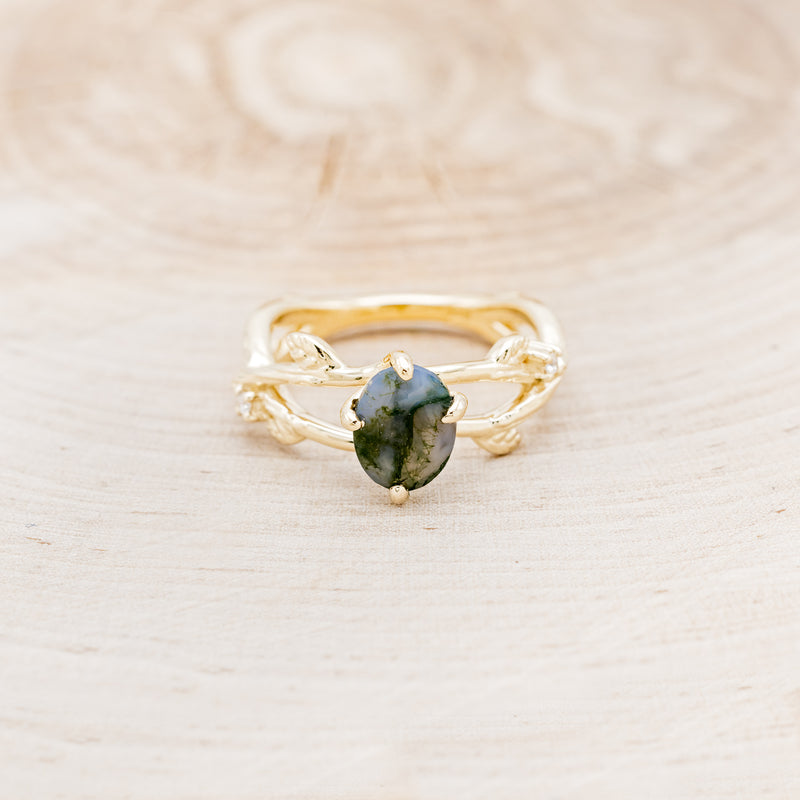 "ARTEMIS ON THE VINE" - OVAL CUT MOSS AGATE ENGAGEMENT RING WITH DIAMOND ACCENTS & A BRANCH-STYLE BAND